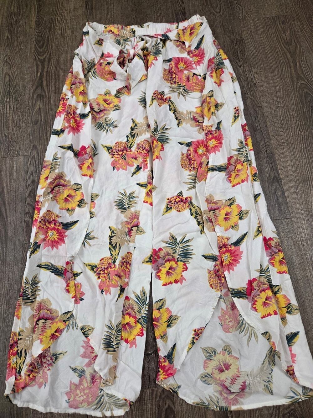 Salty Lemon Floral Hibiscus Print Tropical Pants Beach Boho Lightweight Resort L